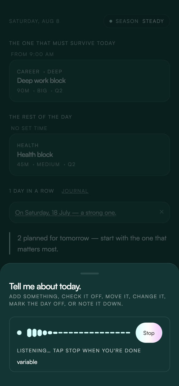 Universal voice capture open on the Today screen.