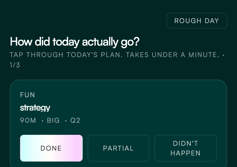 The nightly check-in task confirm step — what happened and what didn't.