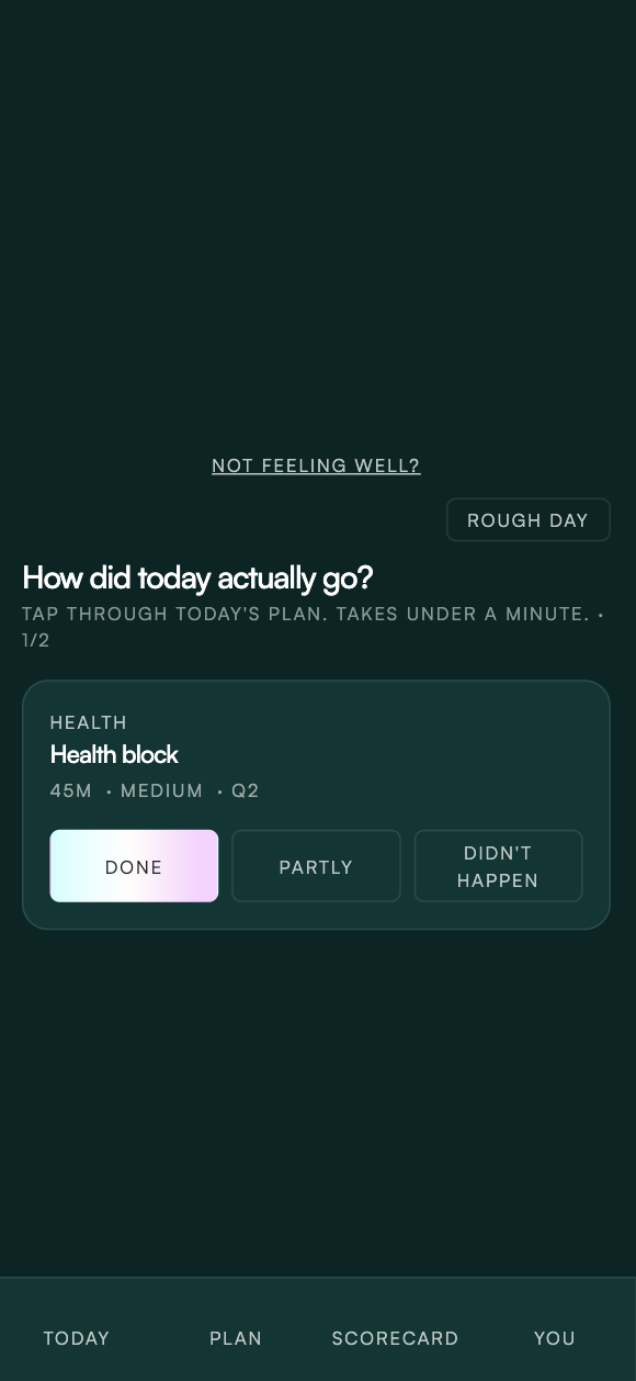 The nightly check-in task confirm step — what happened and what didn't.