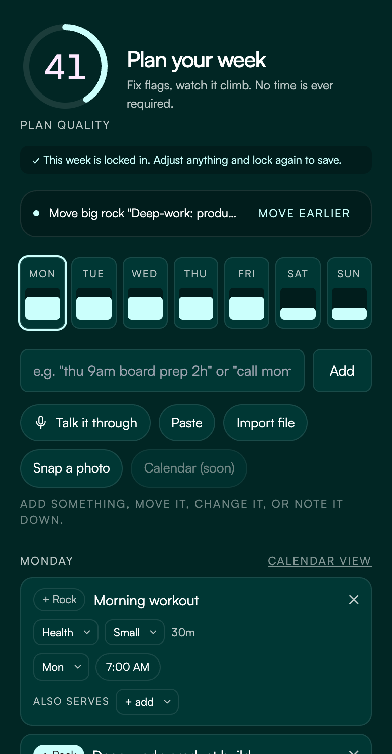 The ME+A plan screen with a populated week and a Plan Quality score.