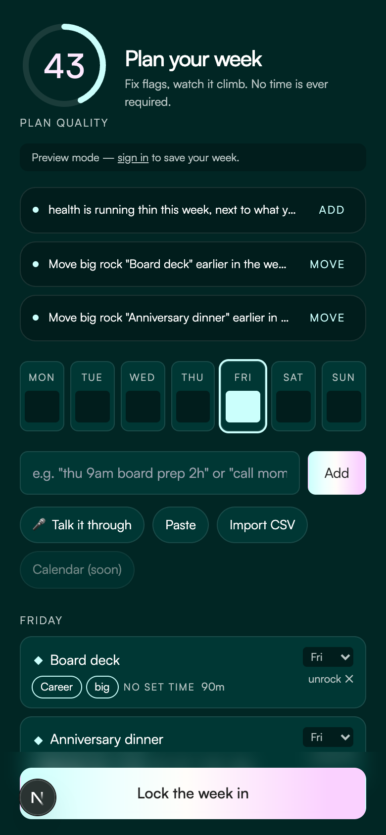 The ME+A plan screen with a populated week and a Plan Quality score.