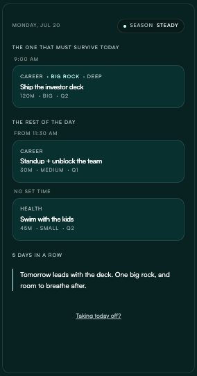 ME+A Today screen with a big rock, the rest of the day, and a coach note.